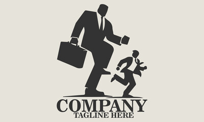 Vector illustration of a small businessman running away from a giant figure in a business suit about to step on him, metaphorical vector illustration of job pressure. Underdog day icon