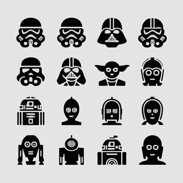 Galactic Sci-Fi Character and Robot Black Silhouette Icon Set