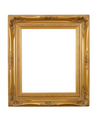 Square ornate gold picture frame with intricate floral carvings on transparent background