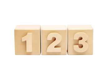 Three wooden blocks with carved numbers 1, 2, and 3 on transparent background