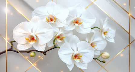 White orchid flowers with golden sparkles on geometric lattice background