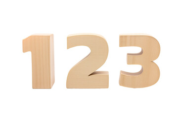 Three wooden numbers 1, 2, and 3 on transparent background