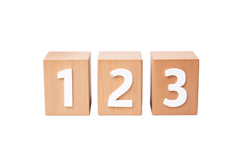 Three wooden blocks with numbers 1, 2, and 3 on transparent background