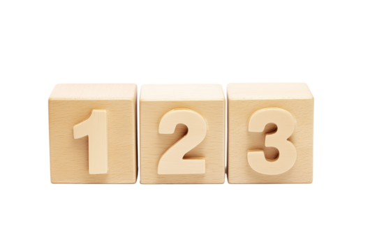 Three wooden blocks with carved numbers 1, 2, and 3 on transparent background