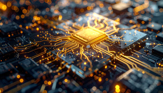Golden Core of Innovation: The intricate circuits and glowing pathways of a central processing unit (CPU), signifying the core of modern technology.