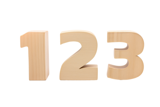Three wooden numbers 1, 2, and 3 on transparent background