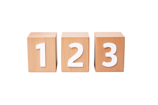 Three wooden blocks with numbers 1, 2, and 3 on transparent background