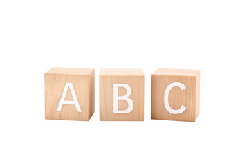 Three wooden alphabet blocks with letters A, B, and C on transparent background