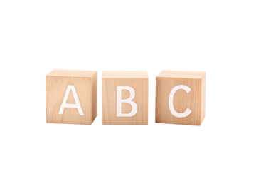 Three wooden alphabet blocks with letters A, B, and C on transparent background