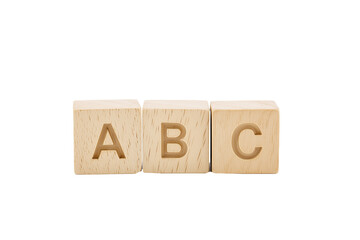Three wooden alphabet blocks with letters A, B, and C on transparent background