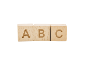 Three wooden alphabet blocks with letters A, B, and C on transparent background