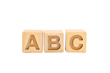 Three wooden alphabet blocks with letters A, B, and C on transparent background