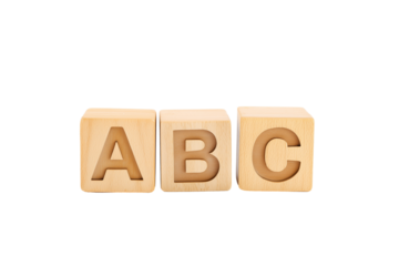Three wooden alphabet blocks with letters A, B, and C on transparent background