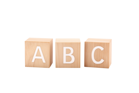 Three wooden alphabet blocks with letters A, B, and C on transparent background