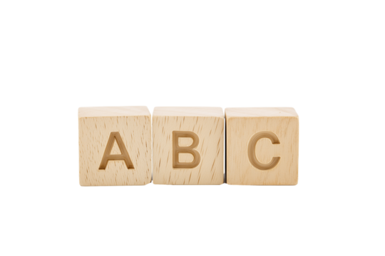 Three wooden alphabet blocks with letters A, B, and C on transparent background