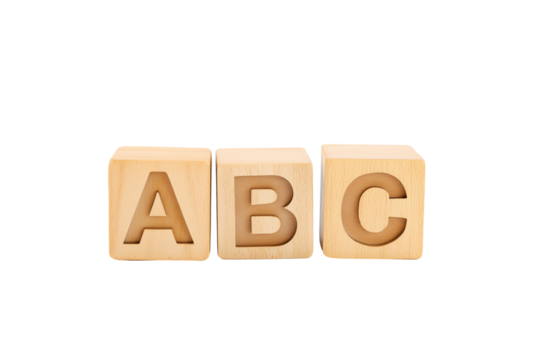 Three wooden alphabet blocks with letters A, B, and C on transparent background