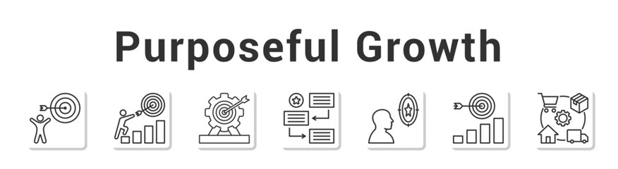Purposeful Growth  Modern and clean web banner illustration vector featuring thematic icons”