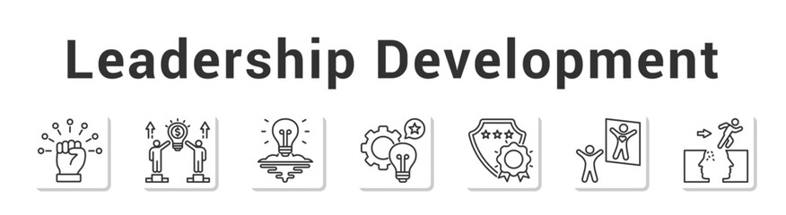 Leadership Development  Modern and clean web banner illustration vector featuring thematic icons”