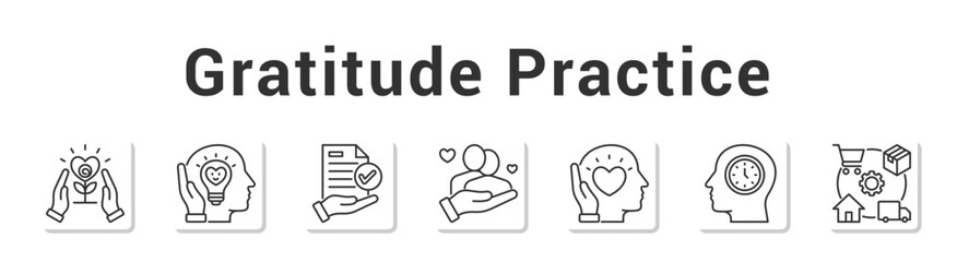 Gratitude Practice  Modern and clean web banner illustration vector featuring thematic icons”