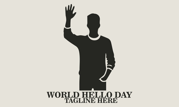 Black silhouette vector of a standing man raising one arm to wave, wearing casual clothing with long sleeves, seen from the front, clean white background. world hello day