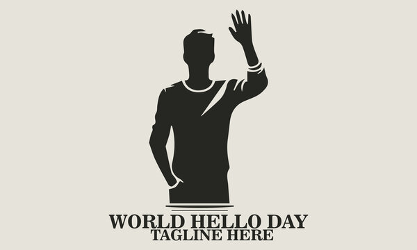 Black silhouette vector of a standing man raising one arm to wave, wearing casual clothing with long sleeves, seen from the front, clean white background. world hello day