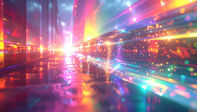 City of Colors: The image presents a vibrant cityscape pulsating with a kaleidoscope of lights, where the linear structures are illuminated by an array of bright, vivid hues.