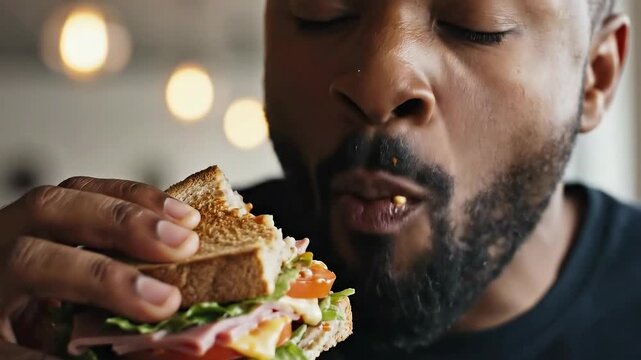 Man Enjoying a Large Sandwich Bite in a Cafe.