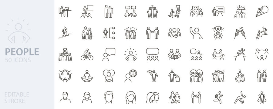 People, human figures, and social interaction line icon set. Teamwork, diversity, activities, business. Vector thin line editable stroke icons