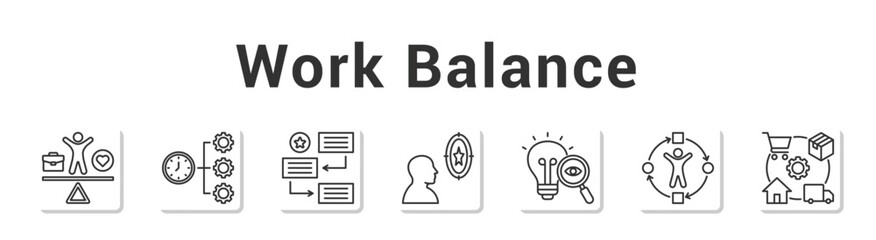 Work Balance  Modern and clean web banner illustration vector featuring thematic icons”