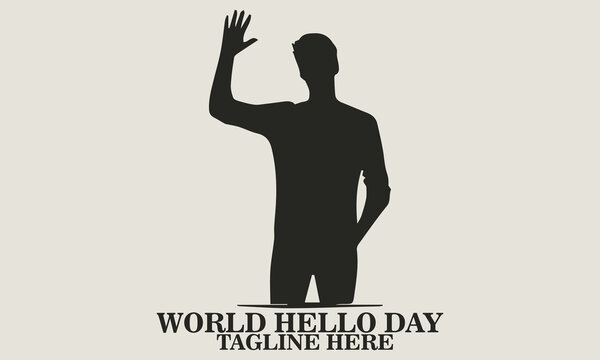 Black silhouette vector of a standing man raising one arm to wave, wearing casual clothing with long sleeves, seen from the front, clean white background. world hello day