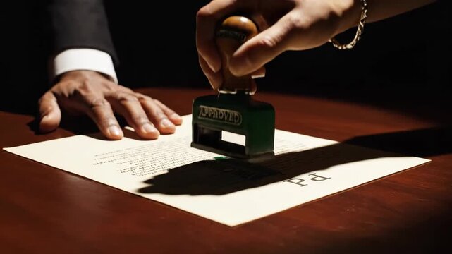 Film noir cinematic shot of a hand stamping 'APPROVED' in slow motion on a purchase requisition document.