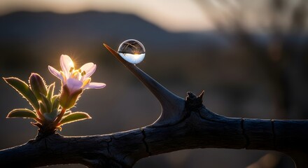 Close-up of a delicate flower with a water droplet on a branch during sunset, showcasing natural beauty and intricate details of plant life in a serene outdoor setting