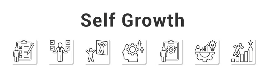 Self Growth  Modern and clean web banner illustration vector featuring thematic icons”