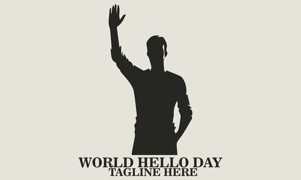 Black silhouette vector of a standing man raising one arm to wave, wearing casual clothing with long sleeves, seen from the front, clean white background. world hello day