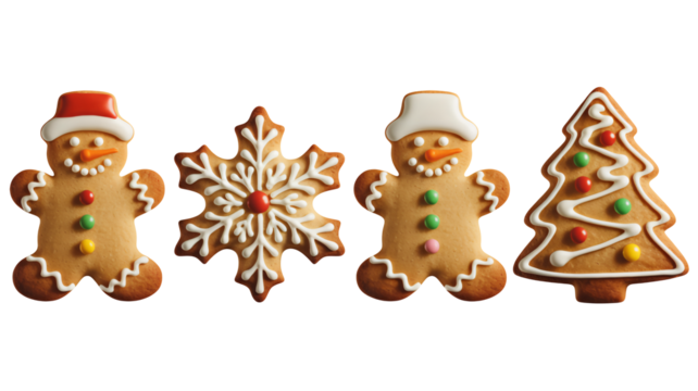 Festive gingerbread cookies including snowman, snowflake, and tree designs