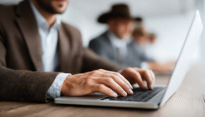 Close up of professional man hands typing on laptop keyboard. Businessman focused on work in modern office meeting with colleague