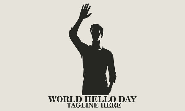 Black silhouette vector of a standing man raising one arm to wave, wearing casual clothing with long sleeves, seen from the front, clean white background. world hello day - Powered by Adobe