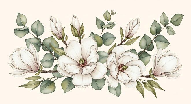 Watercolor painting of white magnolia flowers and eucalyptus leaves on a cream background