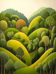 Fototapeta premium Abstract Green Hills Landscape, Stylized Nature Illustration
