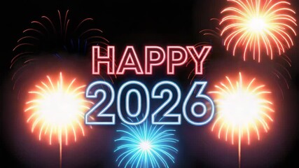 Exciting 2026 New Year celebration with vibrant fireworks display and neon lights for festive cheer - Powered by Adobe