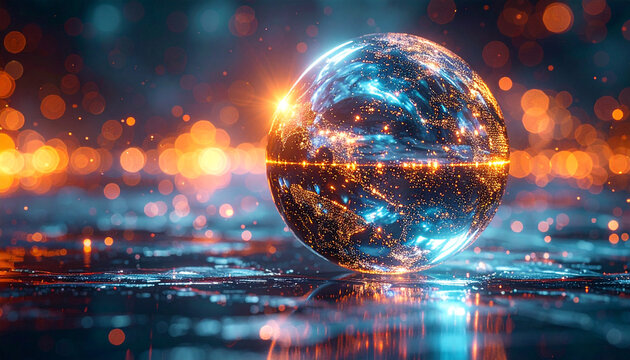 Abstract Digital Globe: An ethereal digital orb, illuminated with intricate data patterns, levitates over a reflective surface, offering a mesmerizing glimpse into a complex.