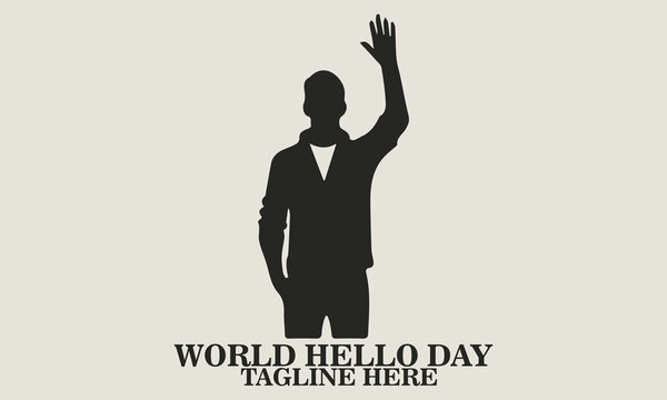 Black silhouette vector of a standing man raising one arm to wave, wearing casual clothing with long sleeves, seen from the front, clean white background. world hello day