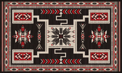 Navajo storm pattern rug style vector.Sacred mountain symbolism with central rectangular motif connecting four corners.Representing weather,lightning.Carpet southwestern tribal geometric illustration.