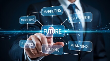 Businessman s hand points to a glowing digital interface displaying interconnected business concepts for future planning and development