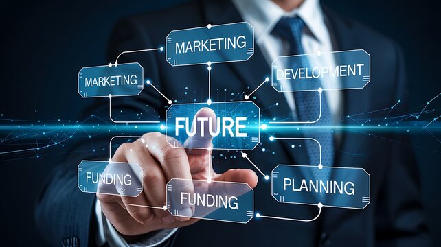 Businessman s hand points to a glowing digital interface displaying interconnected business concepts for future planning and development