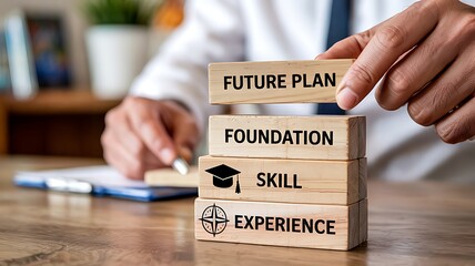 Building a successful future plan by stacking foundation skill and experience blocks representing career growth and personal development