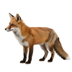 Fototapeta premium Red fox vulpes standing on white background portrait cute young wild animal side view