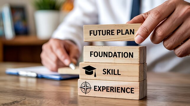 Building a successful future plan by stacking foundation skill and experience blocks representing career growth and personal development