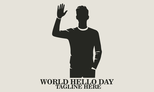 Black silhouette vector of a standing man raising one arm to wave, wearing casual clothing with long sleeves, seen from the front, clean white background. world hello day