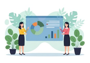 Business women presenting analytics and data visualization on screen with charts and graphs in office setting